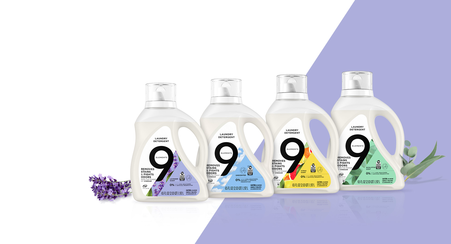 9 Elements Laundry detergents with lavender, citrus and eucalyptus scents