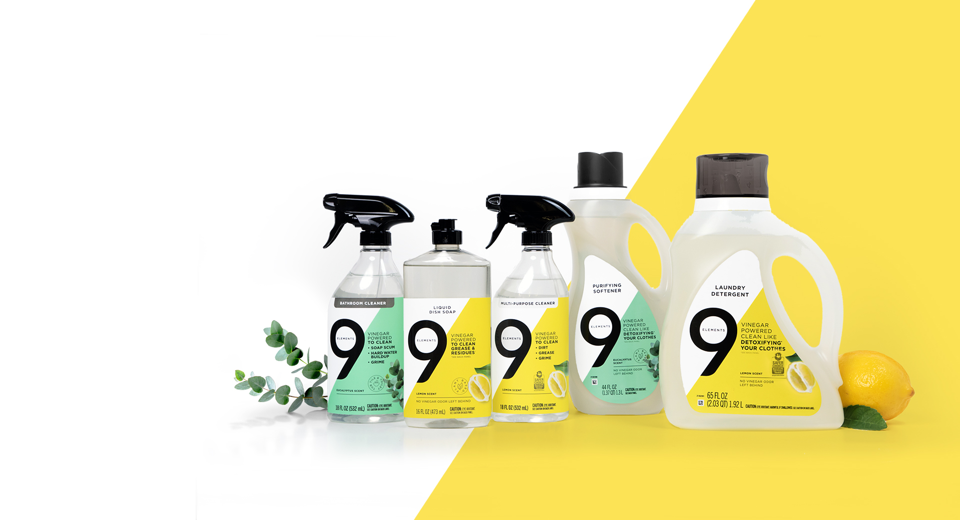 9 Elements home cleaning and laundry products and bright white towels.